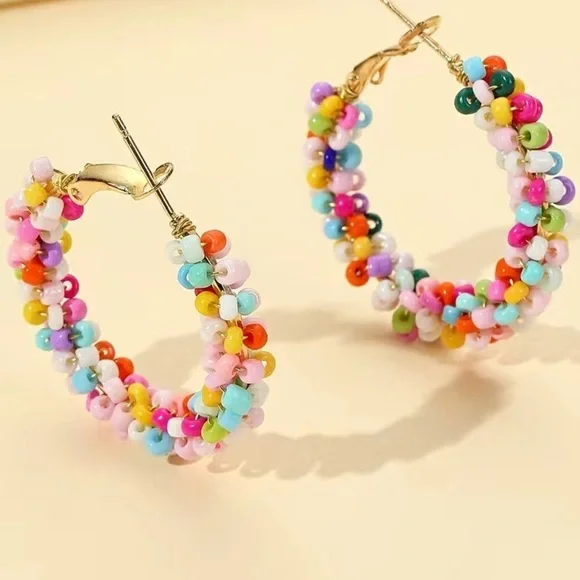 Boho Colorful Rice Bead Hoop Earrings - Picture 4 of 5